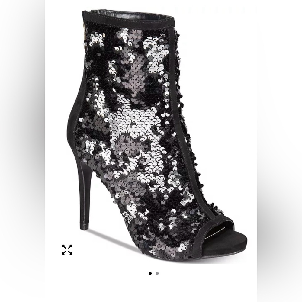 Thalia Sodi Black and Silver Sequin Open-Toe Heeled Booties concert